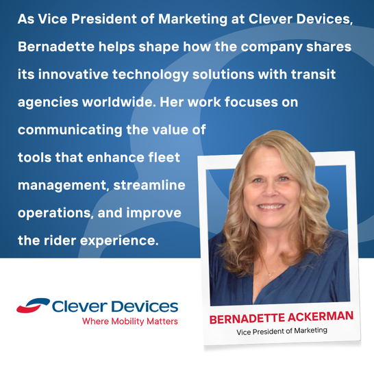 Women’s History Month graphic highlighting our client Bernadette Ackerman, Vice President of Marketing at Clever Devices, with portrait image