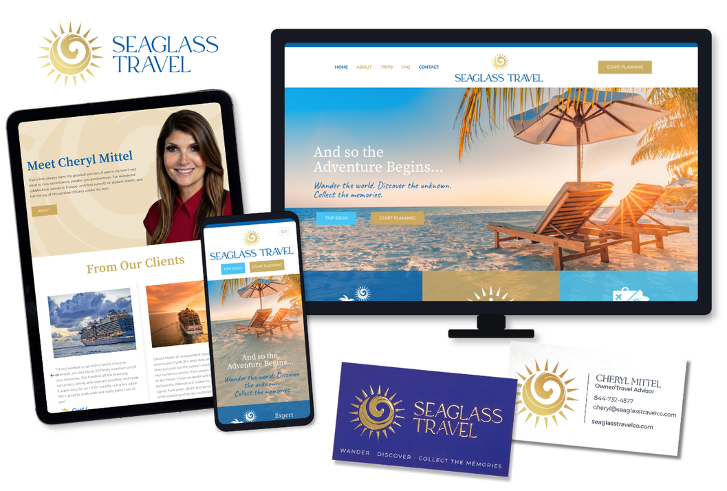 Client website shown across laptop, iPad, and mobile devices with matching business card front and back design